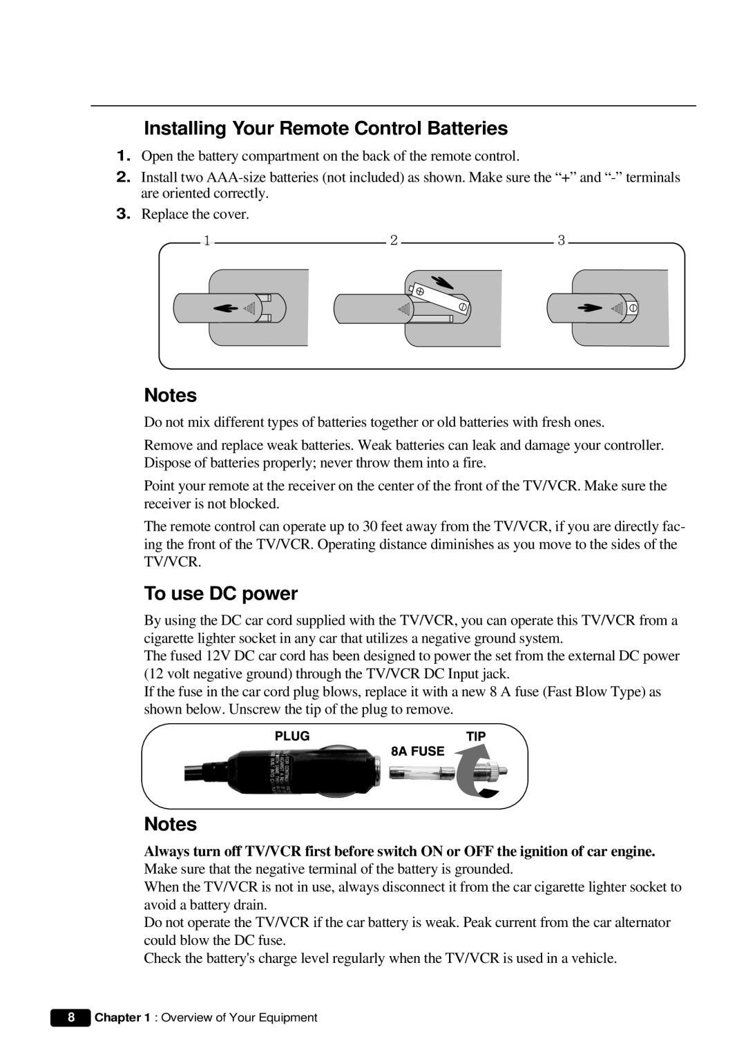 Daewoo DVQ 9H1FC instruction manual Installing Your Remote Control Batteries, To use DC power 