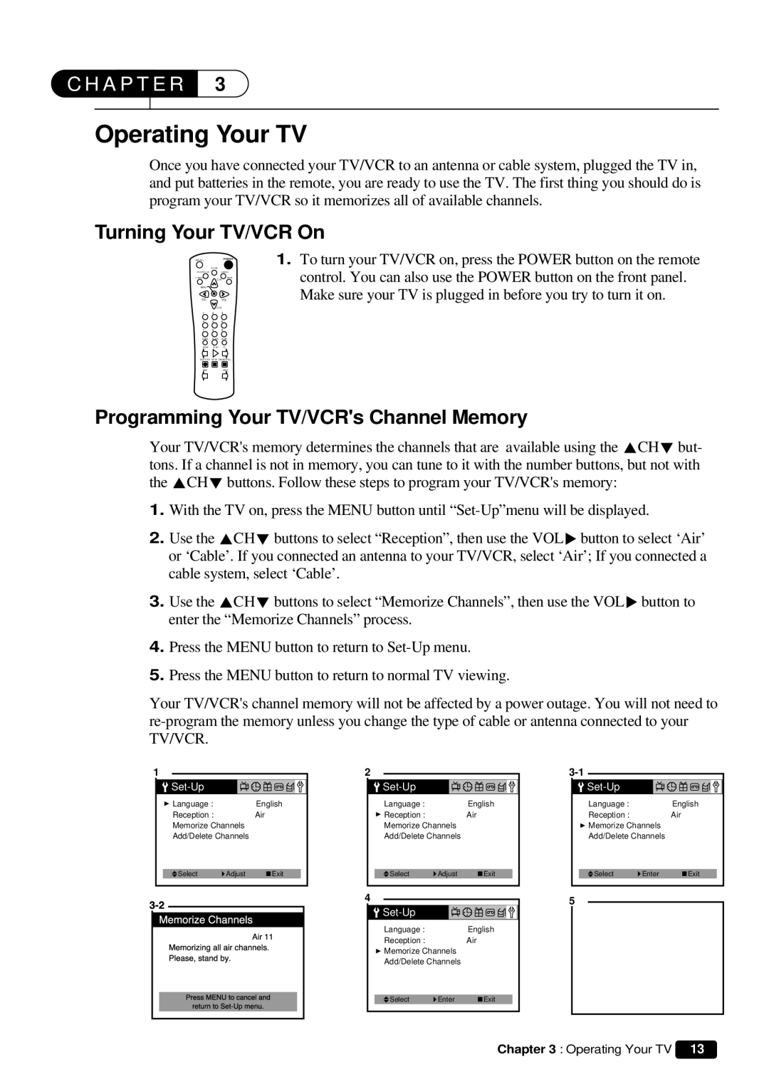 Daewoo DVQ 9H1FC instruction manual Operating Your TV, Turning Your TV/VCR On, Programming Your TV/VCRs Channel Memory 