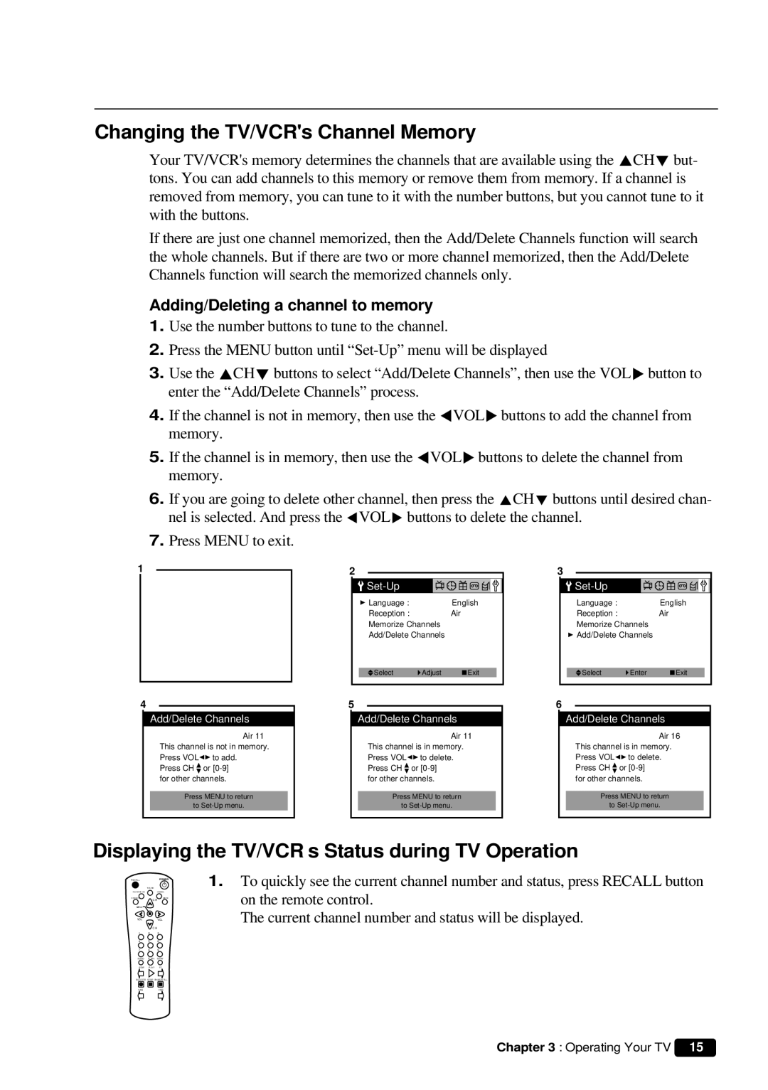 Daewoo DVQ 9H1FC instruction manual Changing the TV/VCRs Channel Memory, Displaying the TV/VCR’s Status during TV Operation 