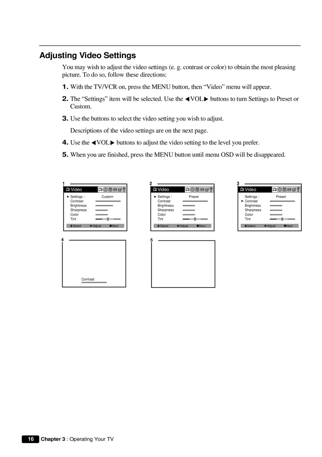 Daewoo DVQ 9H1FC instruction manual Adjusting Video Settings 