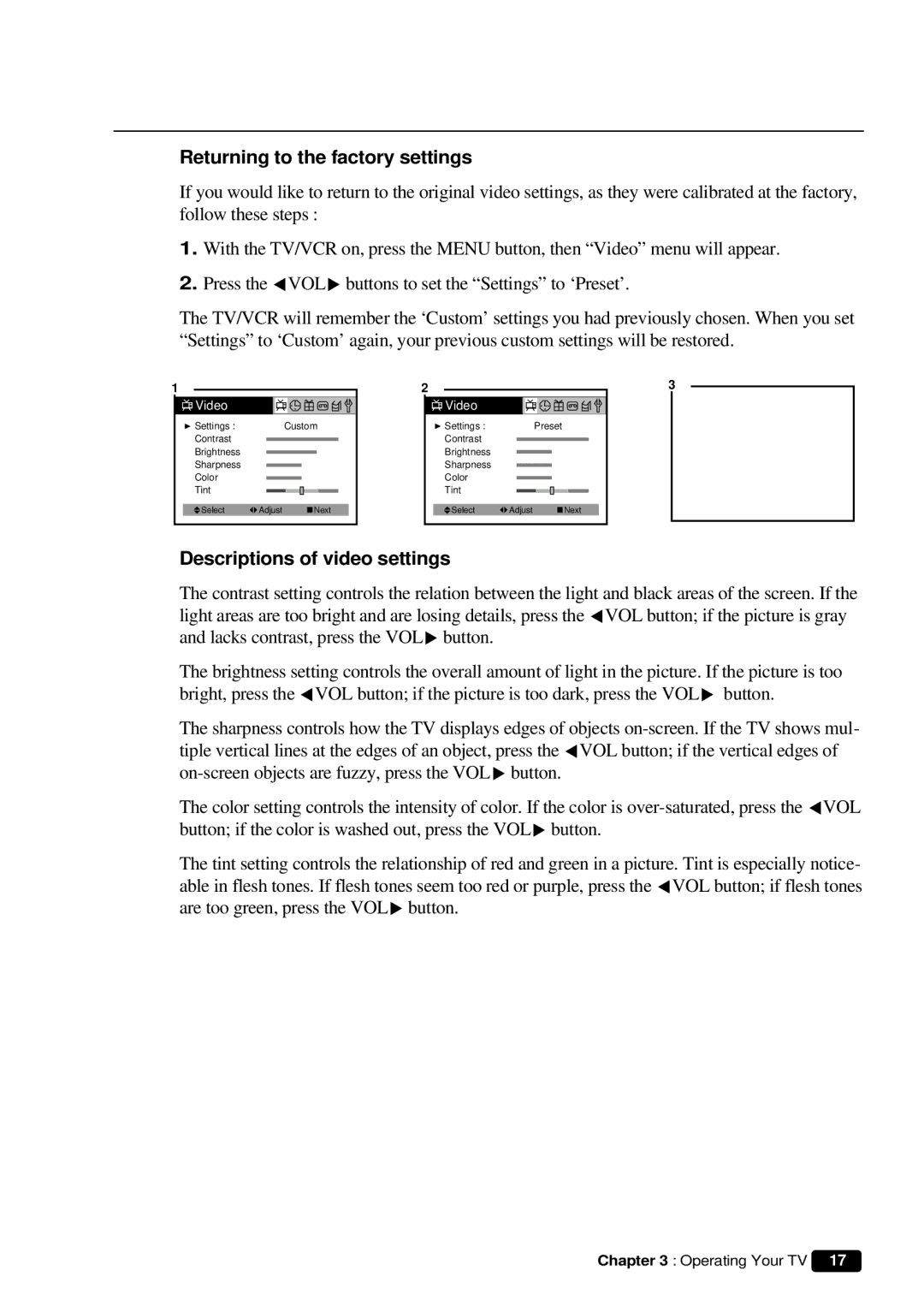 Daewoo DVQ 9H1FC instruction manual Returning to the factory settings, Descriptions of video settings 