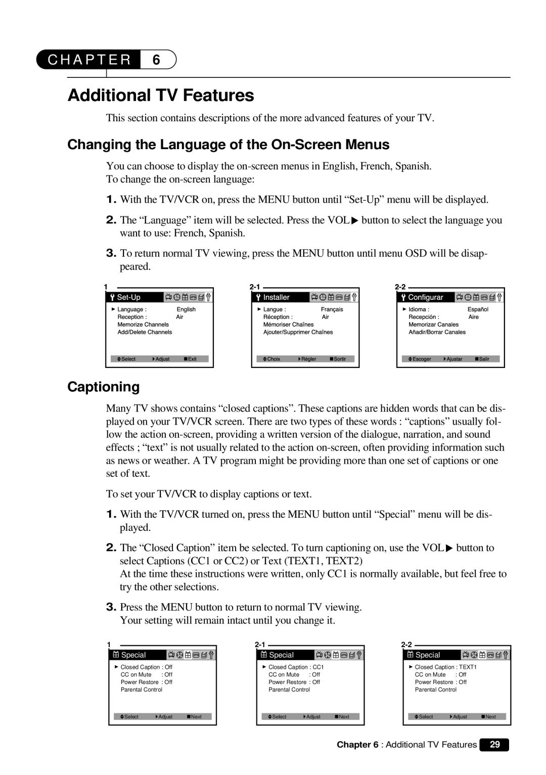 Daewoo DVQ 9H1FC instruction manual Additional TV Features, Changing the Language of the On-Screen Menus, Captioning 