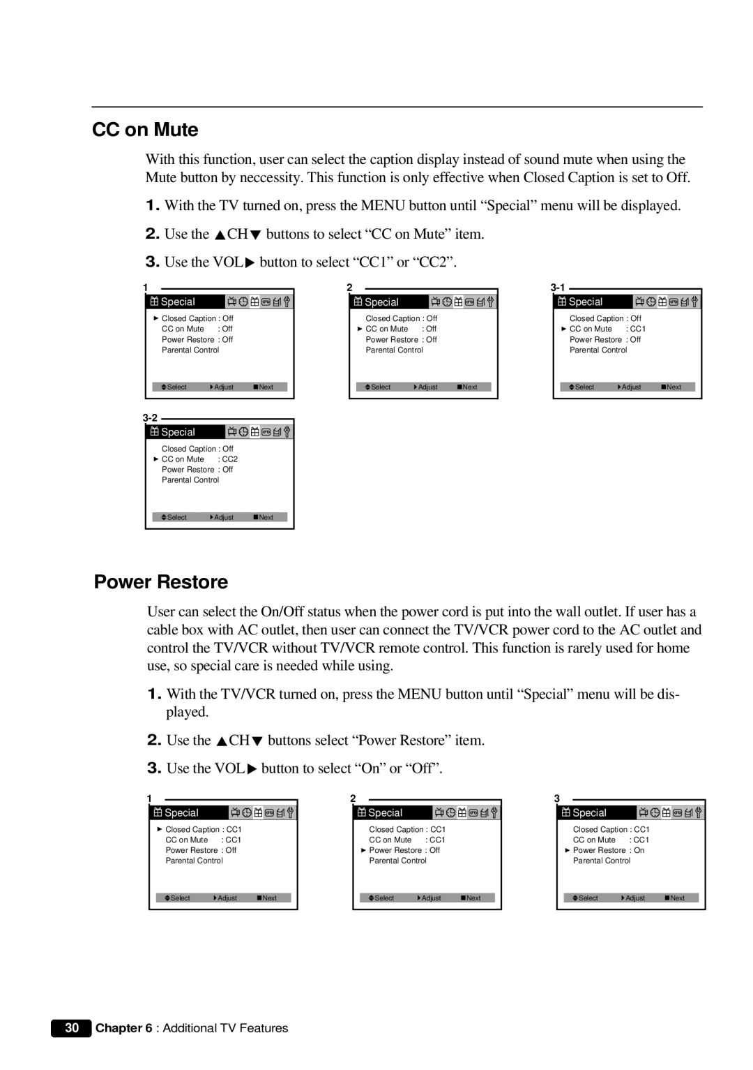 Daewoo DVQ 9H1FC instruction manual CC on Mute, Power Restore 