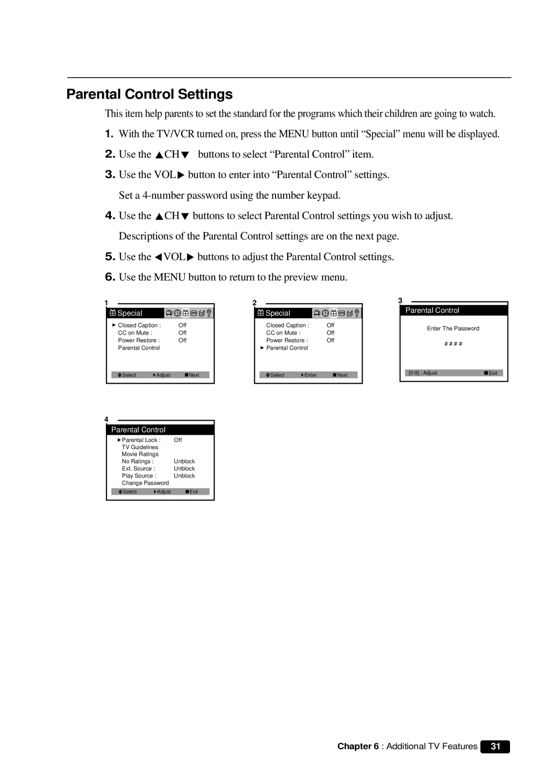 Daewoo DVQ 9H1FC instruction manual Parental Control Settings 