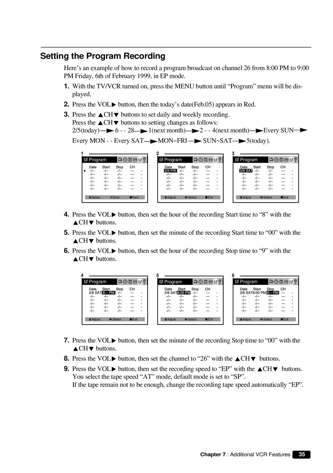 Daewoo DVQ 9H1FC instruction manual Setting the Program Recording 