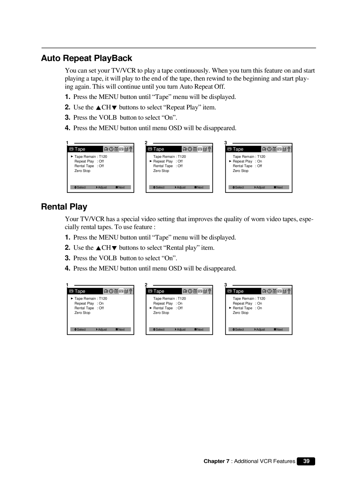 Daewoo DVQ 9H1FC instruction manual Auto Repeat PlayBack, Rental Play 