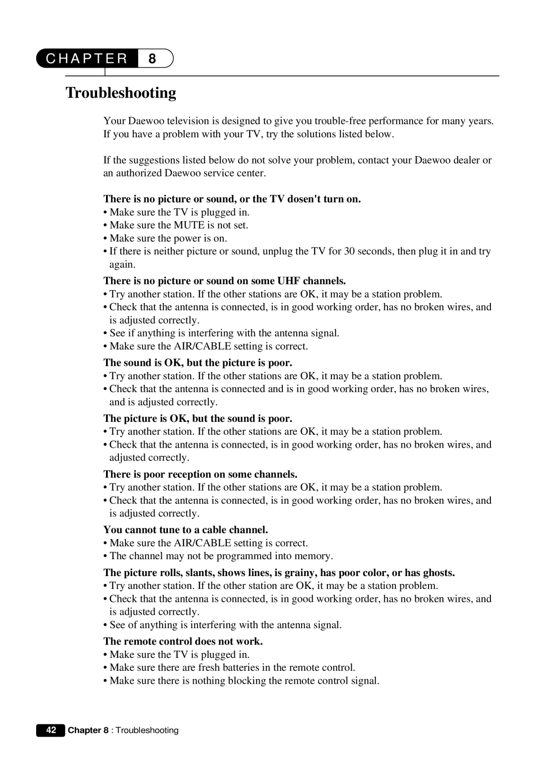 Daewoo DVQ 9H1FC instruction manual Troubleshooting 