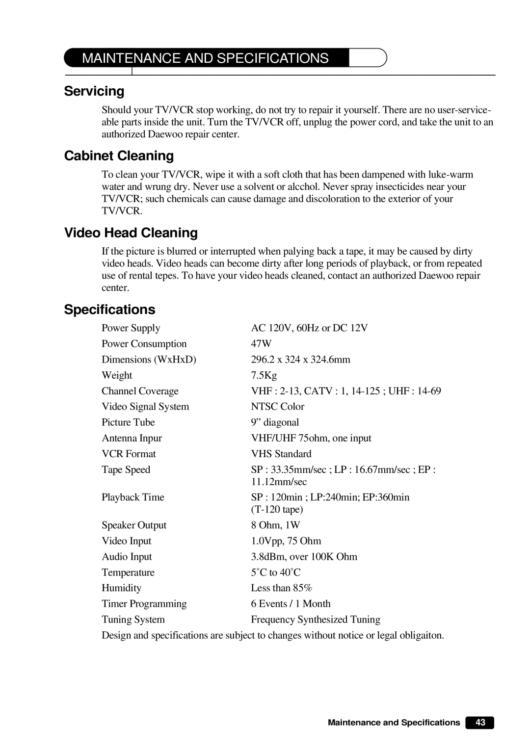 Daewoo DVQ 9H1FC instruction manual Servicing, Cabinet Cleaning, Video Head Cleaning, Specifications 