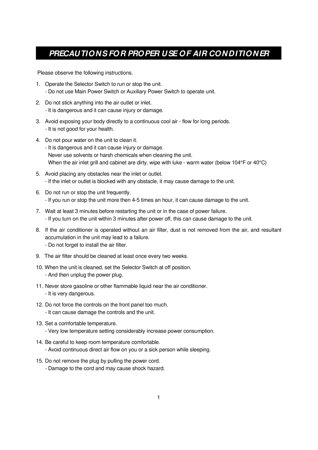 Daewoo DWC-092C, DWC-094C, DWC-051C, DWC-072C, DWC-073C manual Precautions for Proper USE of AIR Conditioner 