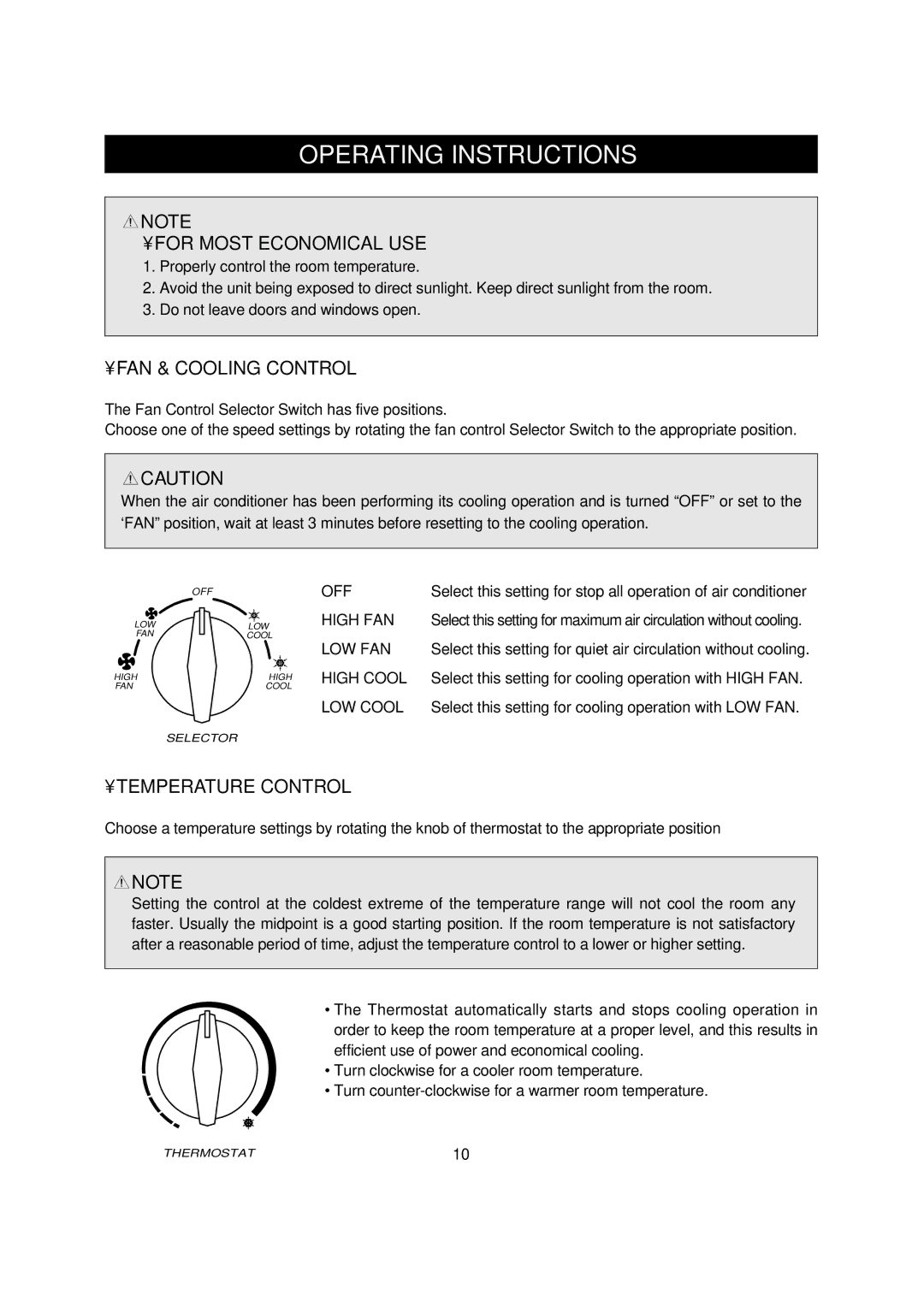 Daewoo DWC-094C, DWC-092C manual Operating Instructions, For Most Economical USE, FAN & Cooling Control, Temperature Control 