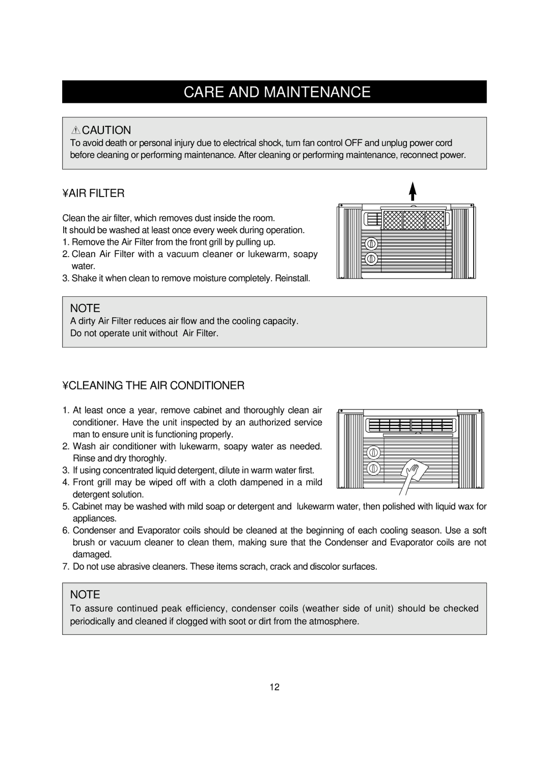 Daewoo DWC-051C, DWC-094C, DWC-092C, DWC-072C, DWC-073C manual Care and Maintenance, AIR Filter, Cleaning the AIR Conditioner 