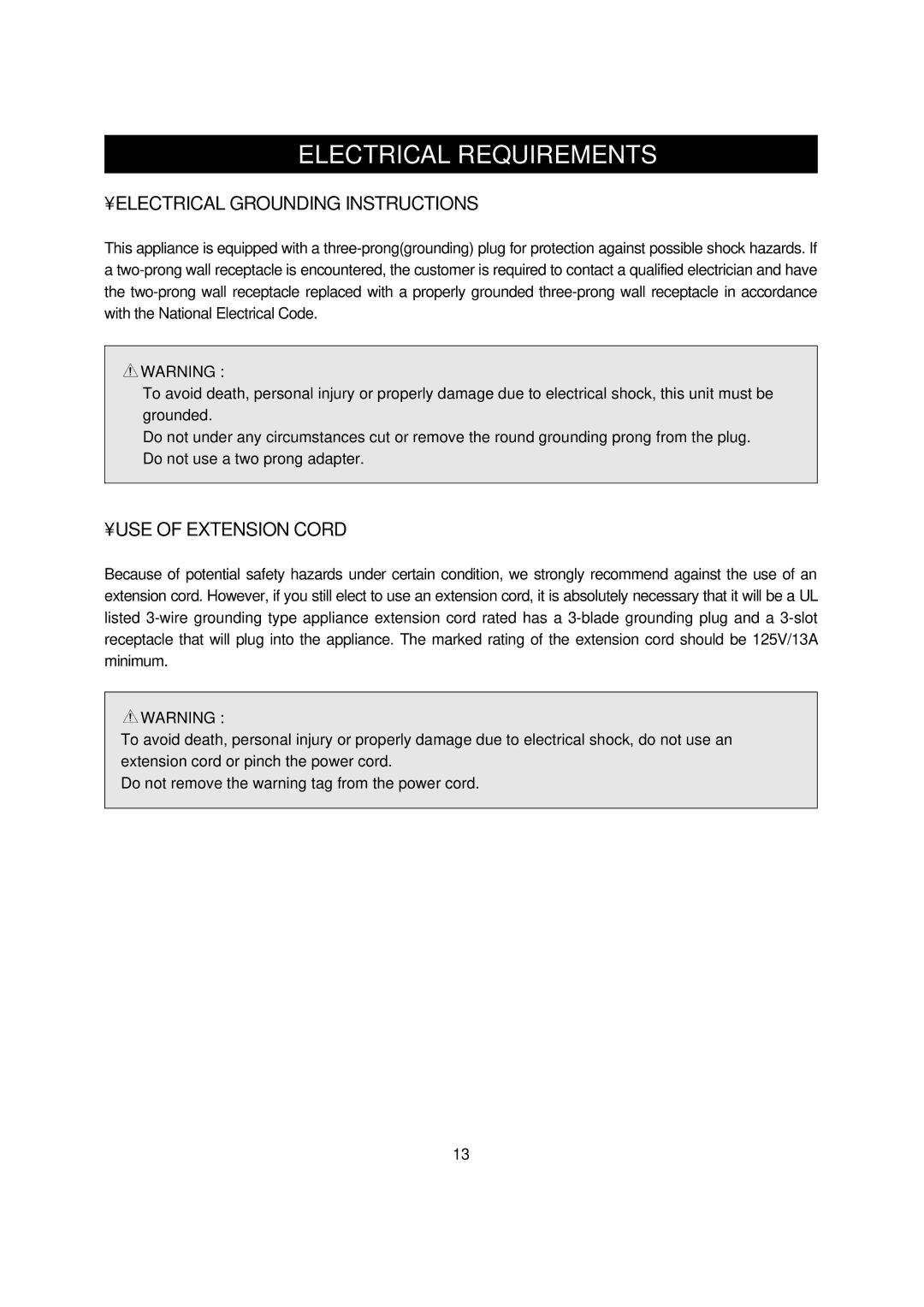 Daewoo DWC-072C, DWC-094C, DWC-092C manual Electrical Requirements, Electrical Grounding Instructions, USE of Extension Cord 