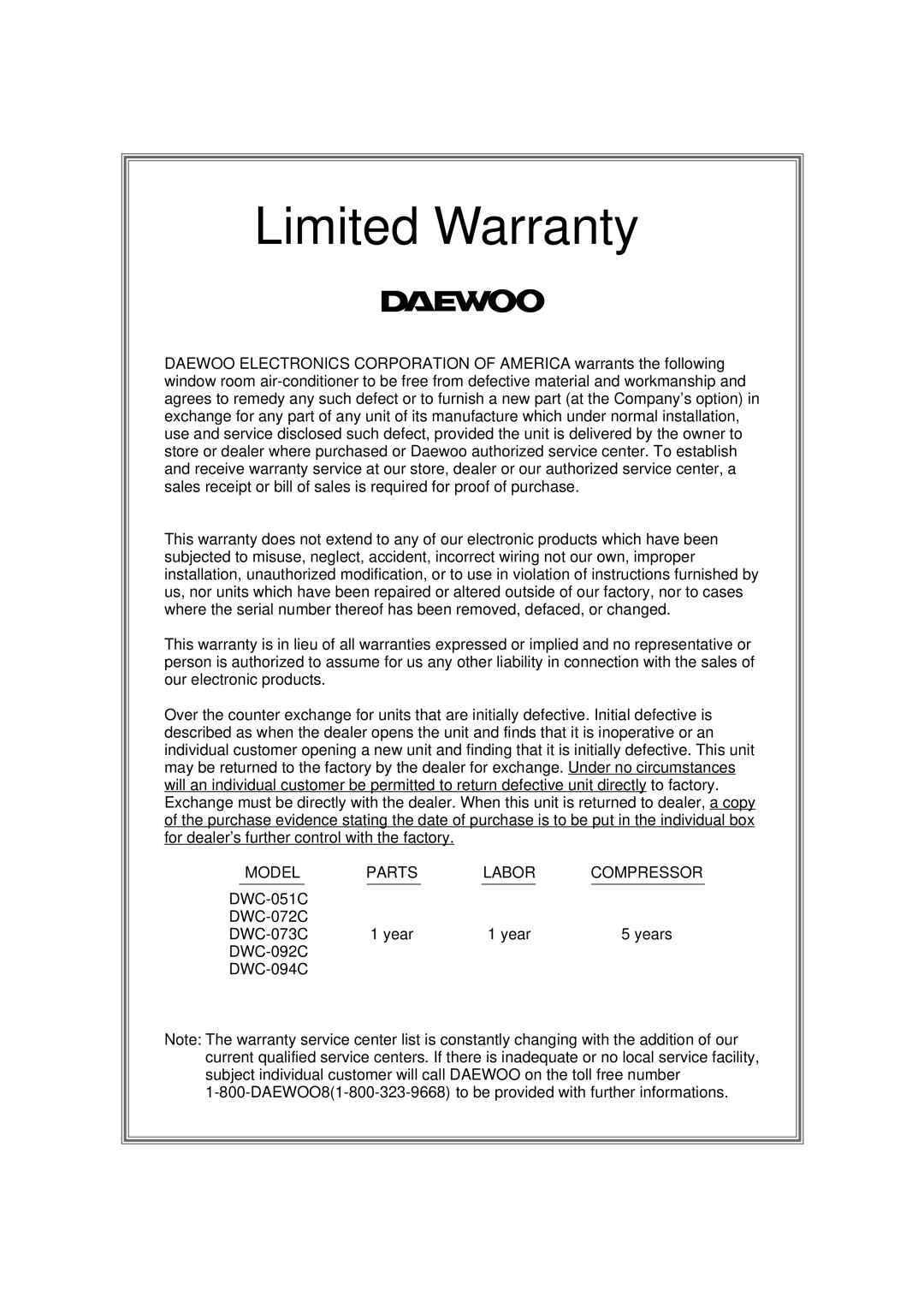 Daewoo DWC-094C, DWC-092C, DWC-051C, DWC-072C, DWC-073C manual Limited Warranty, Year Years 