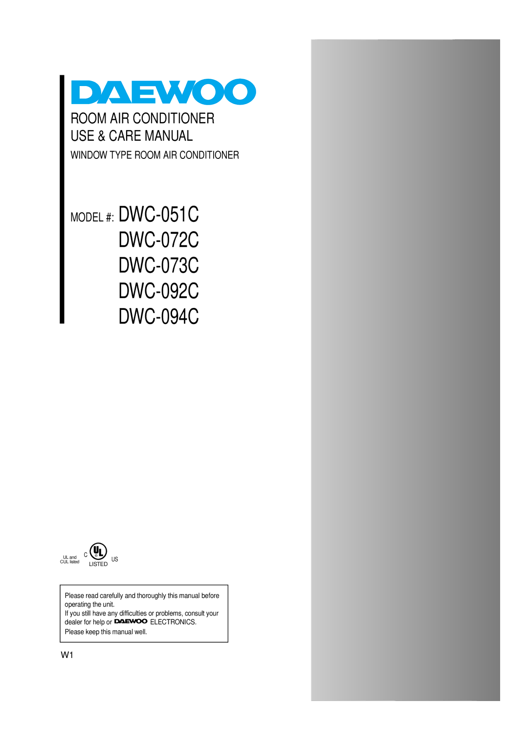 Daewoo DWC-051C manual DWC-072C DWC-073C DWC-092C DWC-094C, Window Type Room AIR Conditioner 