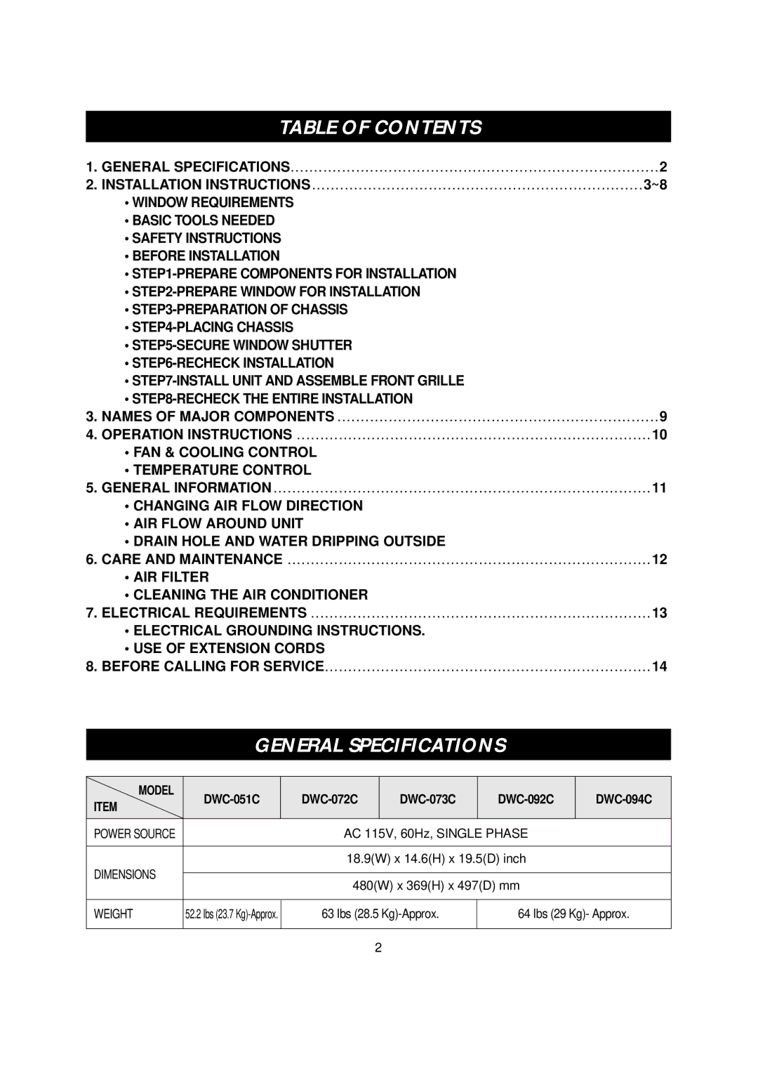 Daewoo DWC-051C, DWC-094C, DWC-092C, DWC-072C, DWC-073C manual Table of Contents, General Specifications 