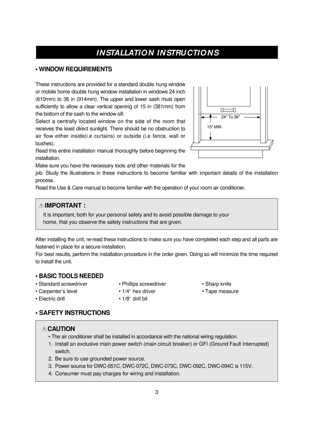 Daewoo DWC-072C, DWC-094C, DWC-092C Installation Instructions, Window Requirements, Basic Tools Needed, Safety Instructions 