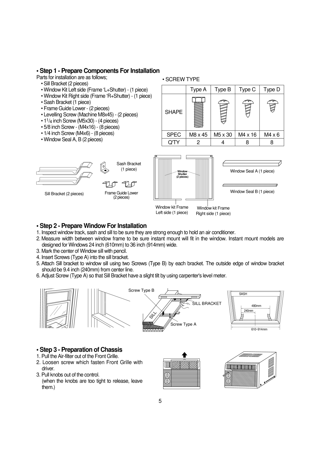 Daewoo DWC-094C, DWC-092C, DWC-051C Prepare Window For Installation, Preparation of Chassis, Type a Type B Type C Type D 