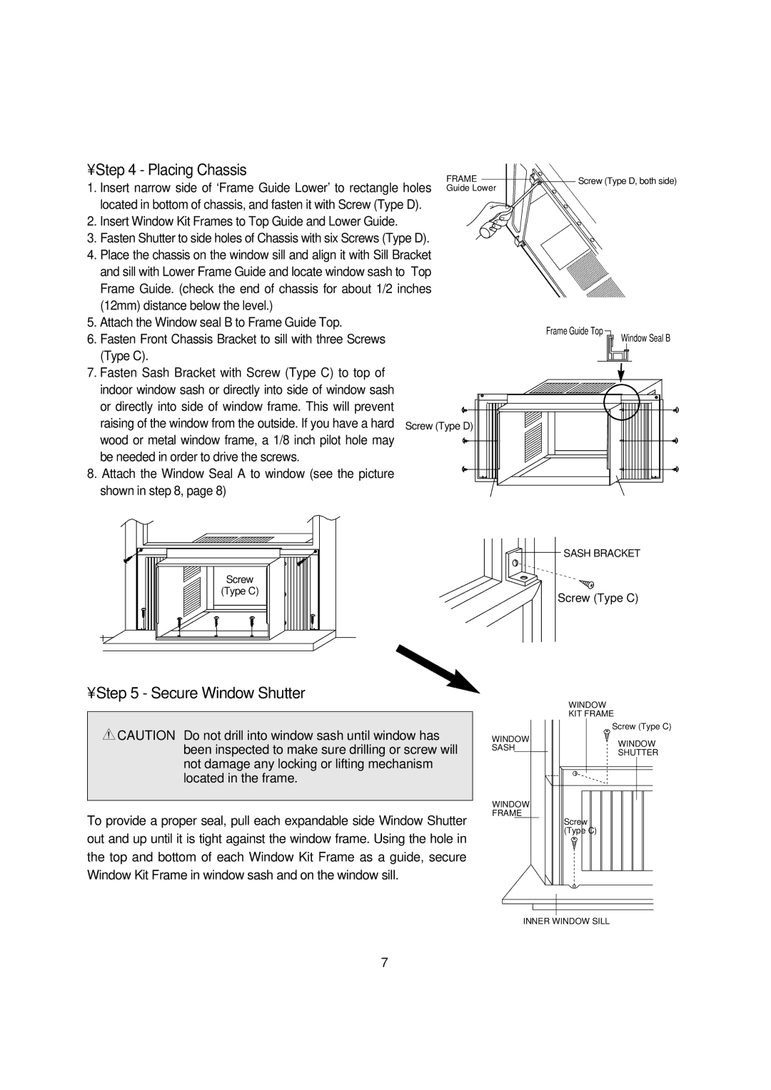 Daewoo DWC-051C, DWC-094C Placing Chassis, Secure Window Shutter, Insert Window Kit Frames to Top Guide and Lower Guide 