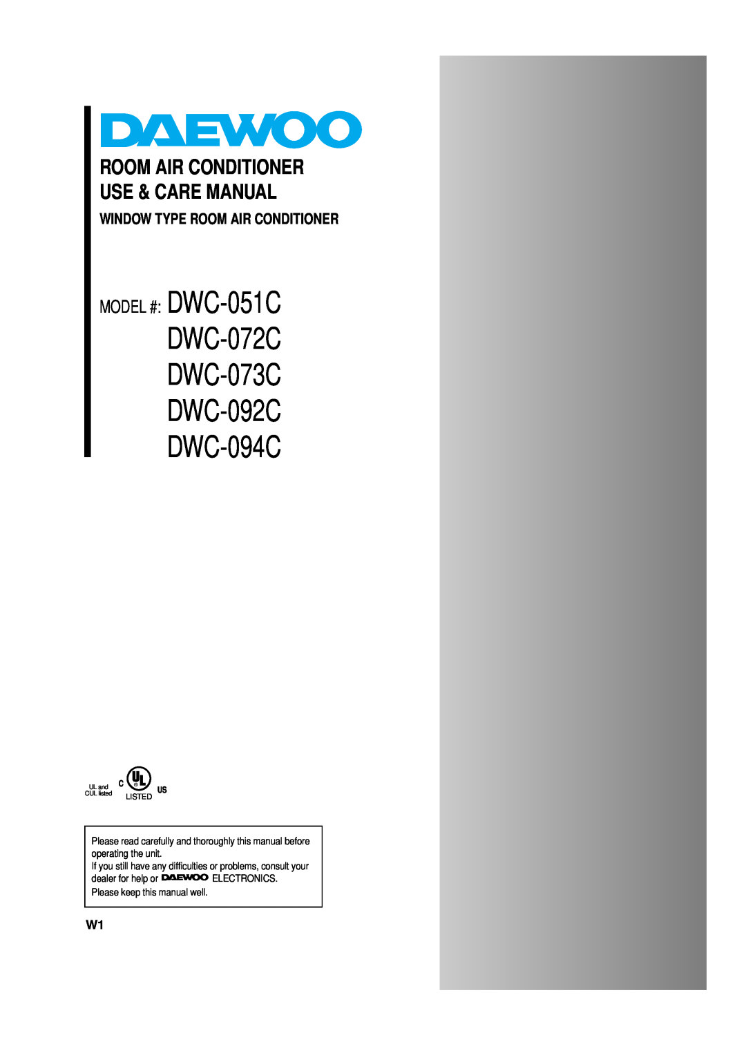 Daewoo manual Window Type Room Air Conditioner, DWC-072C DWC-073C DWC-092C DWC-094C, MODEL # DWC-051C 