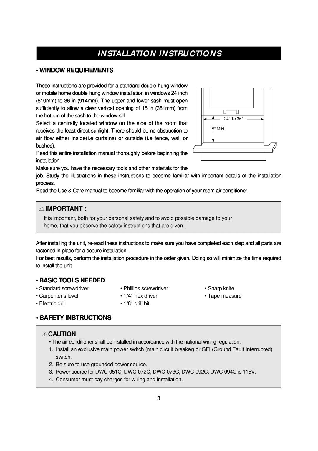 Daewoo DWC-072C, DWC-094C, DWC-092C Installation Instructions, Window Requirements, Basic Tools Needed, Safety Instructions 