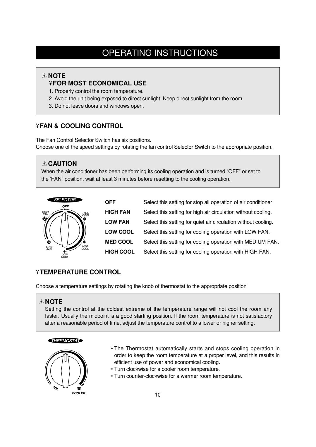 Daewoo DWC-100CS, DWC-121CS Operating Instructions, For Most Economical USE, FAN & Cooling Control, Temperature Control 