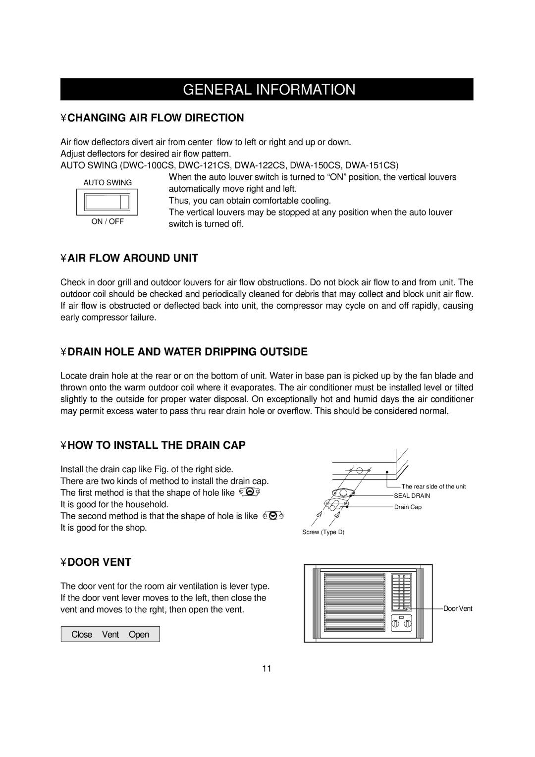 Daewoo DWC-121CS, DWC-100CS, DWA-150CS, DWA-122CS, DWA-151CS manual General Information 