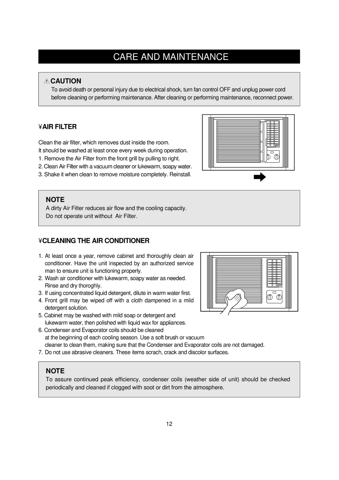 Daewoo DWC-100CS, DWC-121CS, DWA-150CS, DWA-122CS, DWA-151C Care and Maintenance, AIR Filter, Cleaning the AIR Conditioner 