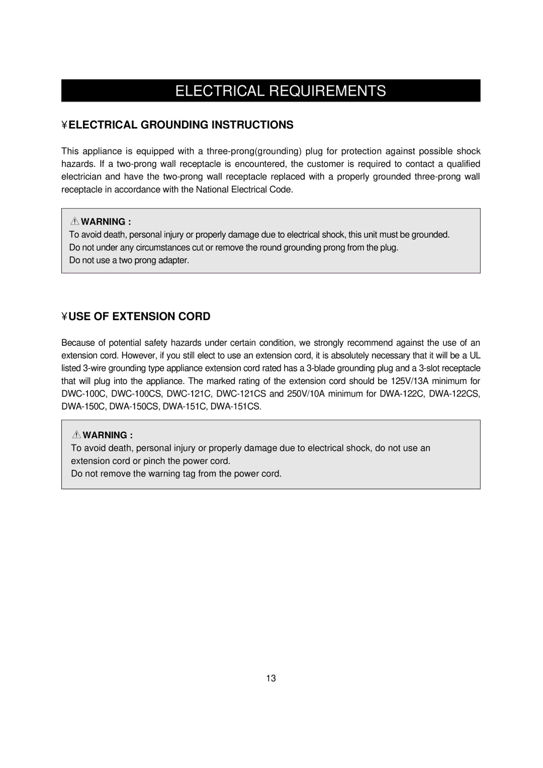 Daewoo DWA-150CS, DWC-100CS, DWC-121CS Electrical Requirements, Electrical Grounding Instructions, USE of Extension Cord 