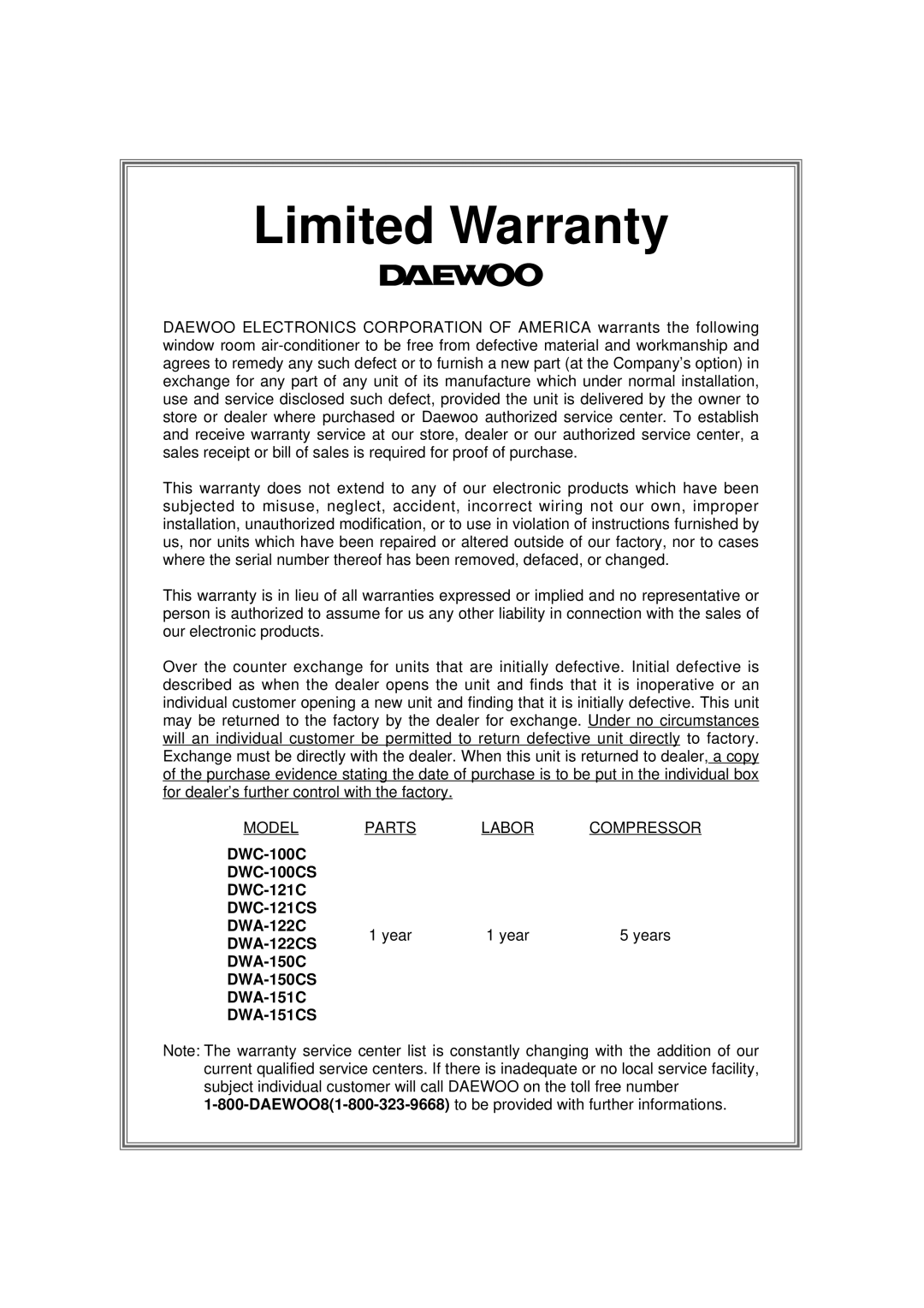 Daewoo DWC-100CS, DWC-121CS, DWA-150CS, DWA-122CS, DWA-151CS manual Limited Warranty 