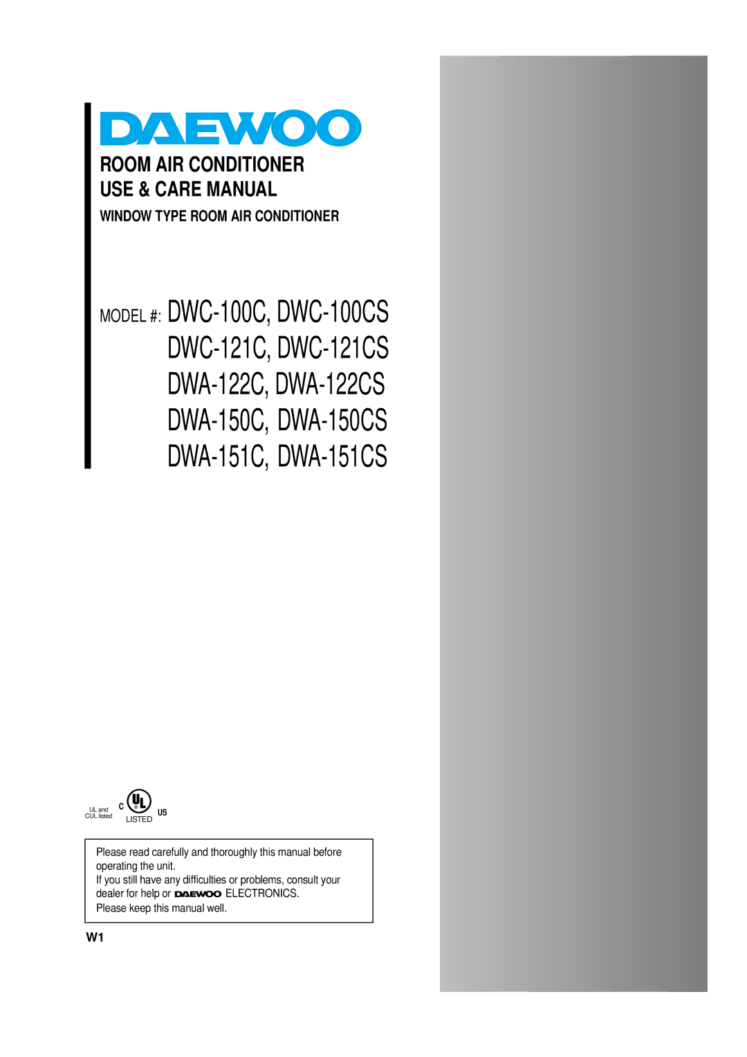 Daewoo DWC-100CS, DWC-121CS, DWA-150CS, DWA-151C Room AIR Conditioner USE & Care Manual, Window Type Room AIR Conditioner 