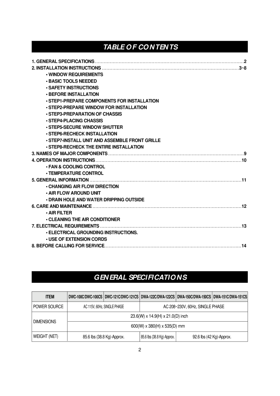 Daewoo DWC-100CS, DWC-121CS, DWA-150CS, DWA-122CS, DWA-151CS manual General Specifications, Table of Contents 