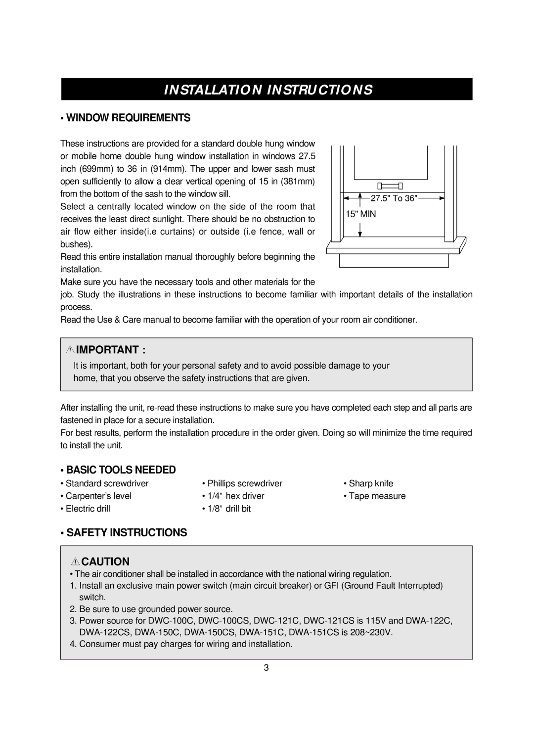 Daewoo DWA-150CS, DWC-100CS manual Installation Instructions, Window Requirements, Basic Tools Needed, Safety Instructions 