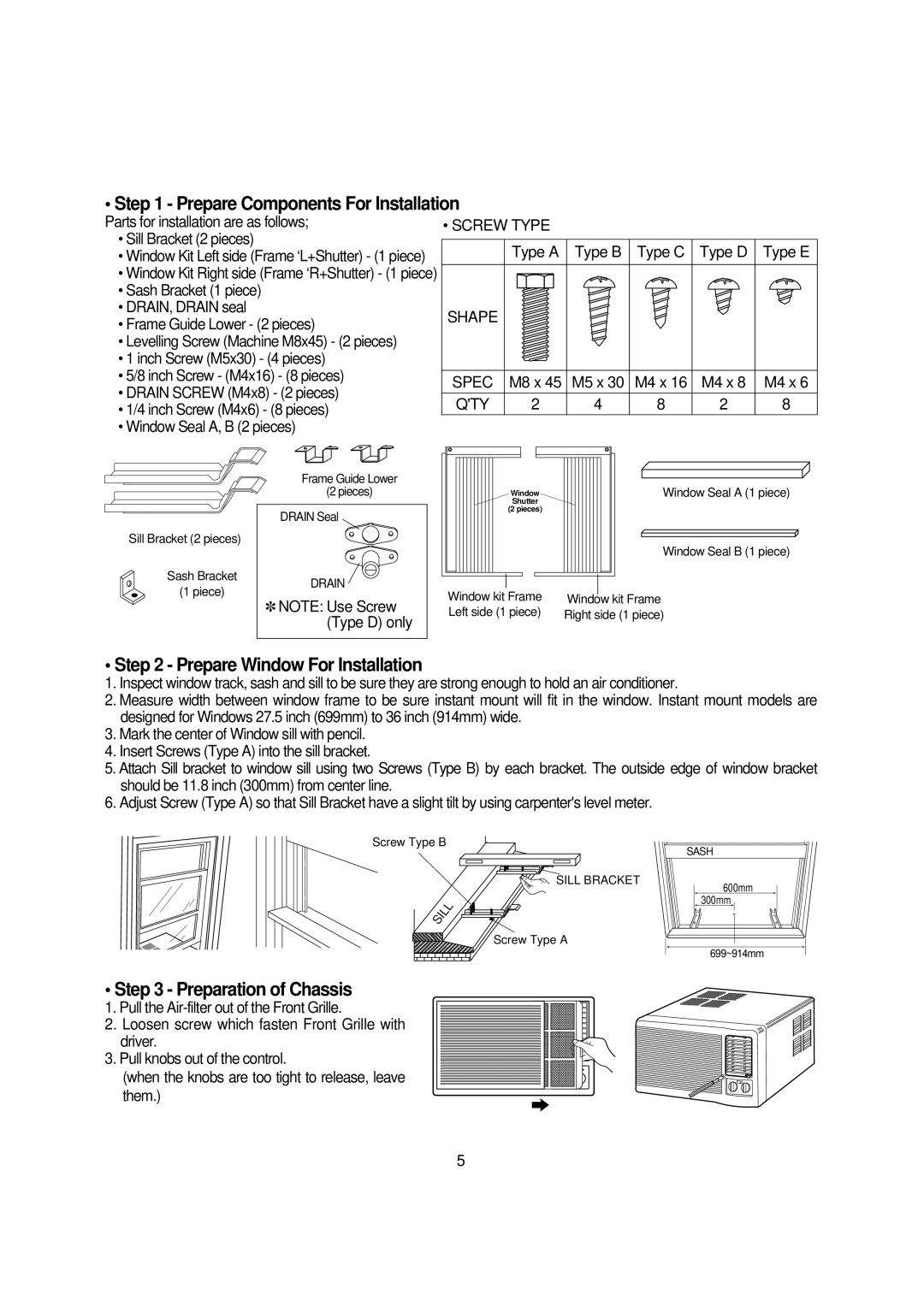 Daewoo DWC-121C, DWC-100CS Parts for installation are as follows Sill Bracket 2 pieces, Type a Type B Type C Type D Type E 