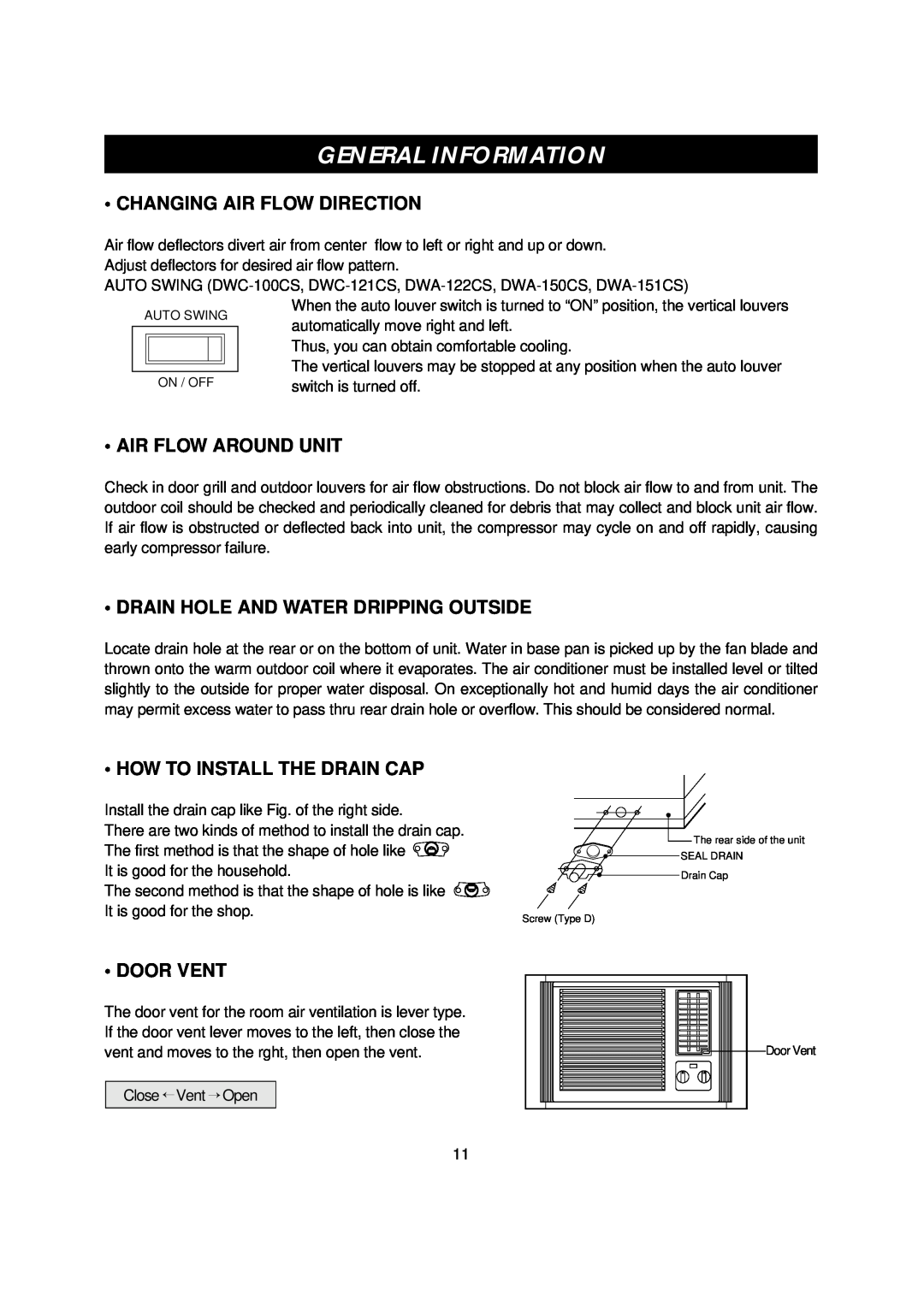 Daewoo DWC-121CS General Information, Changing Air Flow Direction, Air Flow Around Unit, How To Install The Drain Cap 
