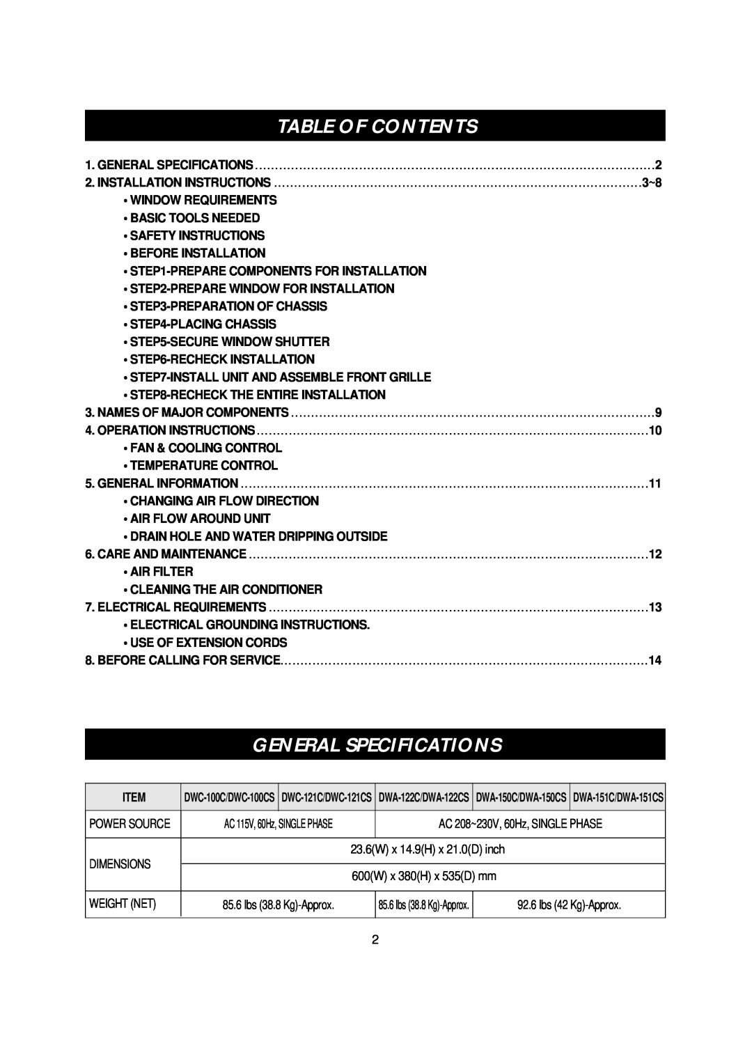 Daewoo DWC-100CS, DWC-121CS, DWA-150CS, DWA-122CS, DWA-151CS manual General Specifications, Table Of Contents 