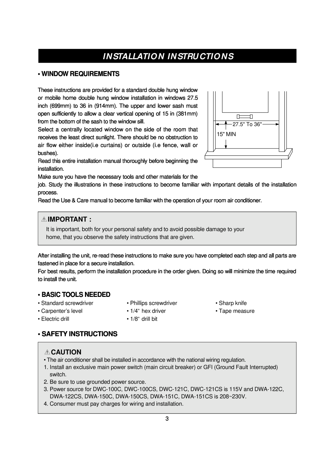 Daewoo DWA-150CS, DWC-100CS manual Installation Instructions, Window Requirements, Basic Tools Needed, Safety Instructions 