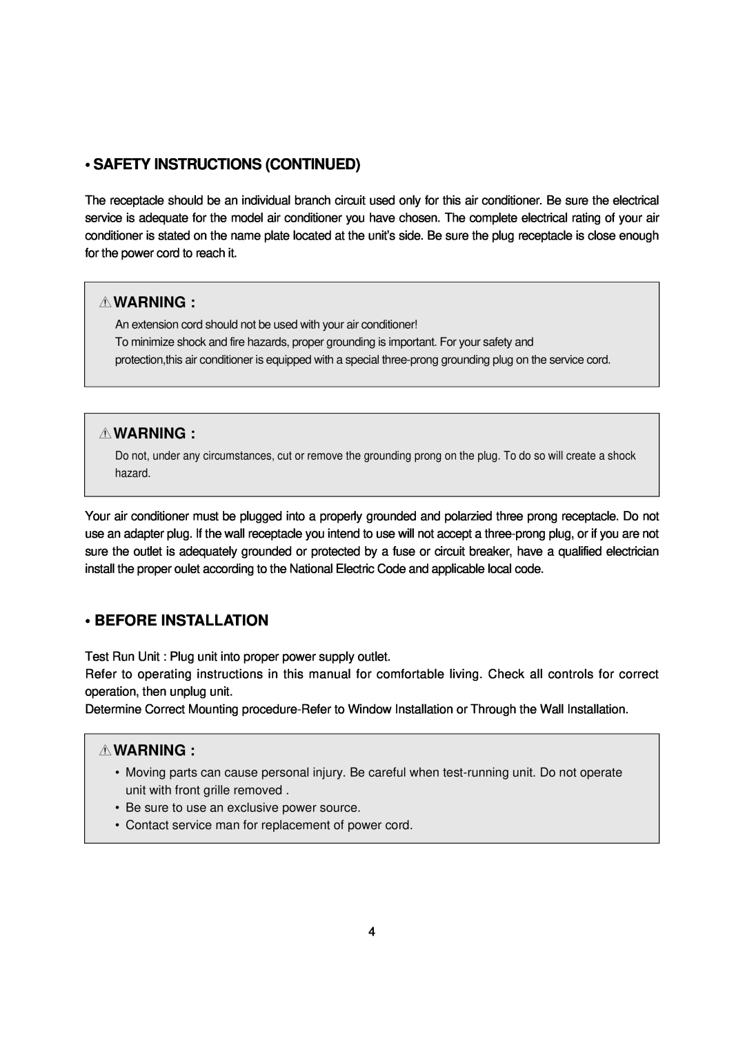 Daewoo DWA-122CS, DWC-100CS, DWC-121CS, DWA-150CS, DWA-151CS manual Safety Instructions Continued, Before Installation 
