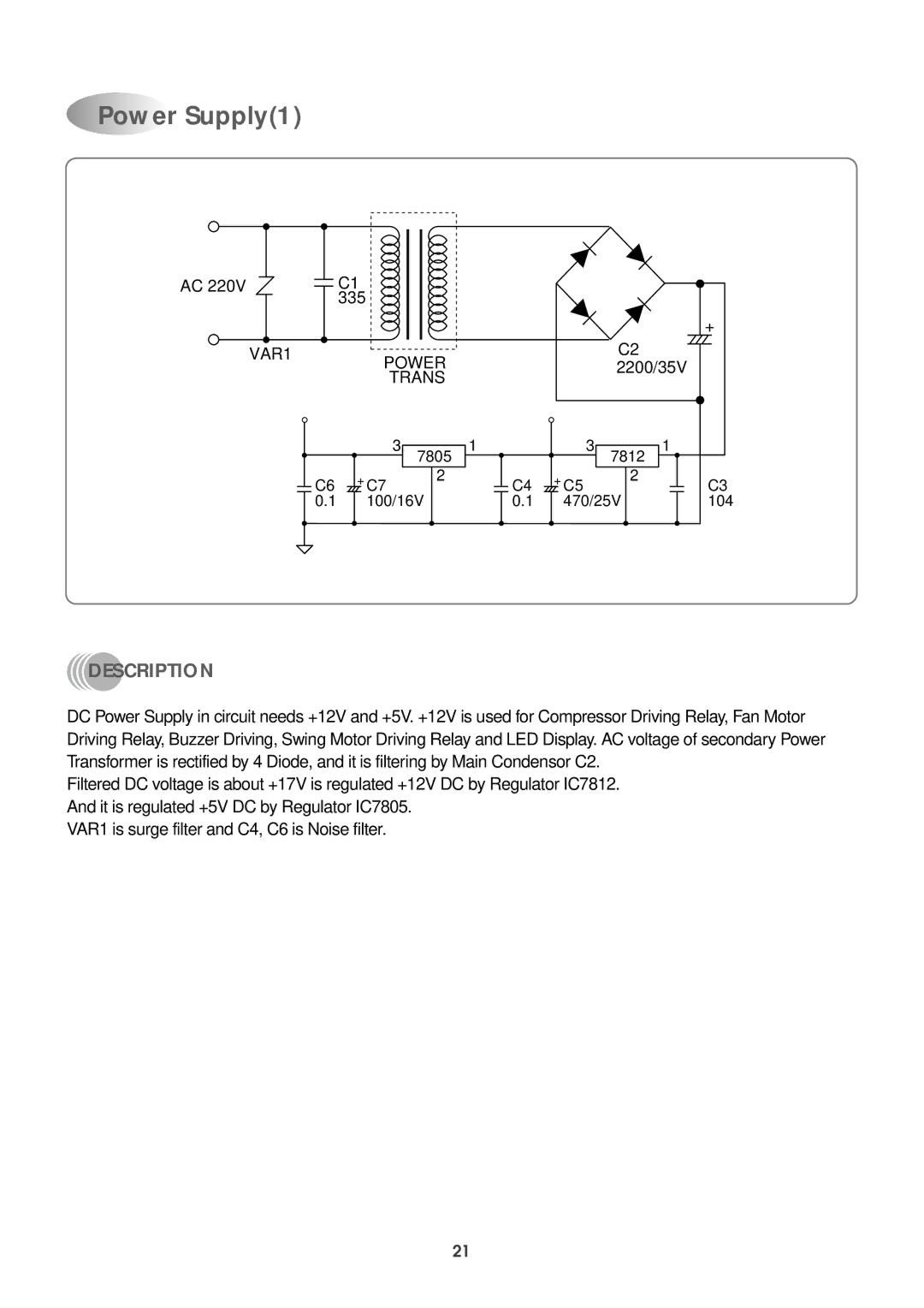 Daewoo DWC-121R service manual Power Supply1, Description 