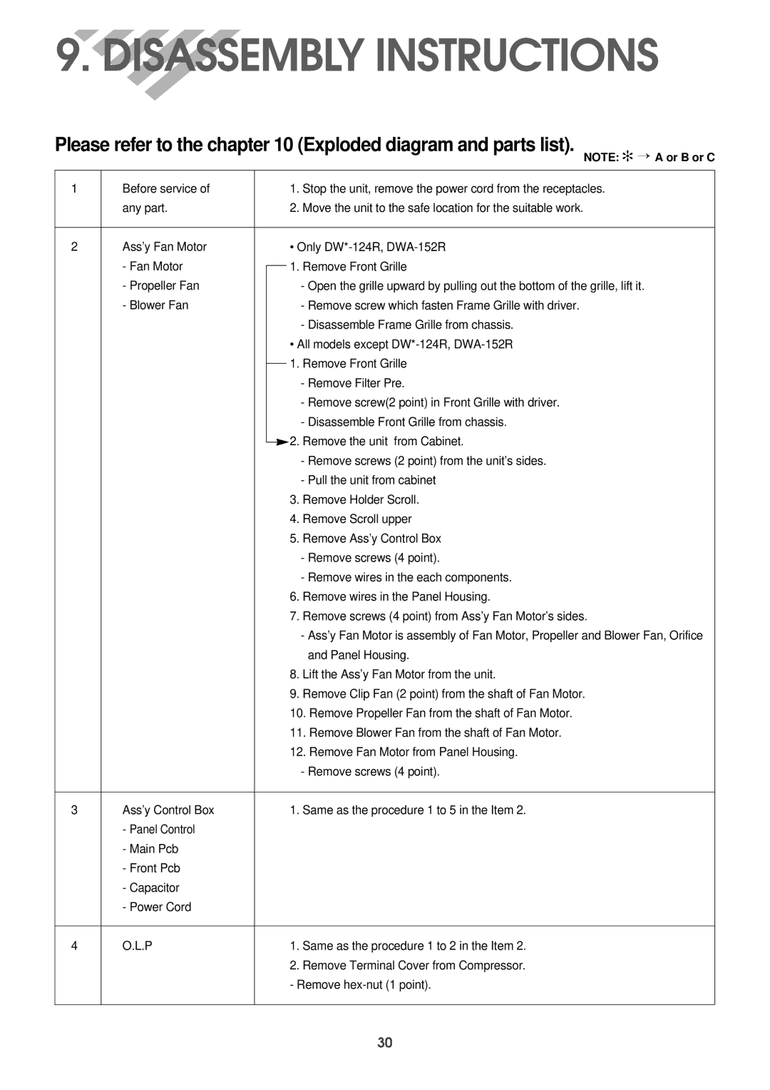 Daewoo DWC-121R service manual Disassembly Instructions, Please refer to the Exploded diagram and parts list 