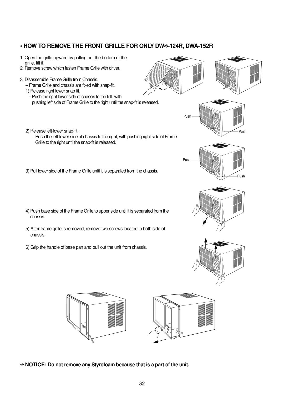 Daewoo DWC-121R service manual HOW to Remove the Front Grille for only DW-124R, DWA-152R 