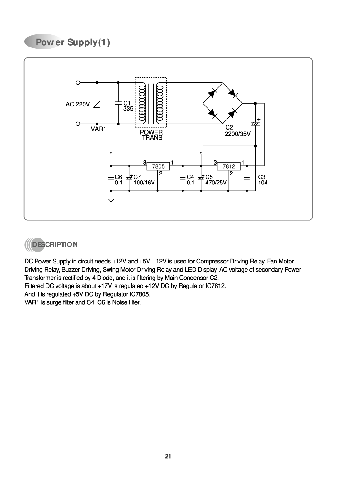 Daewoo DWC-121R service manual Power Supply1, Description 
