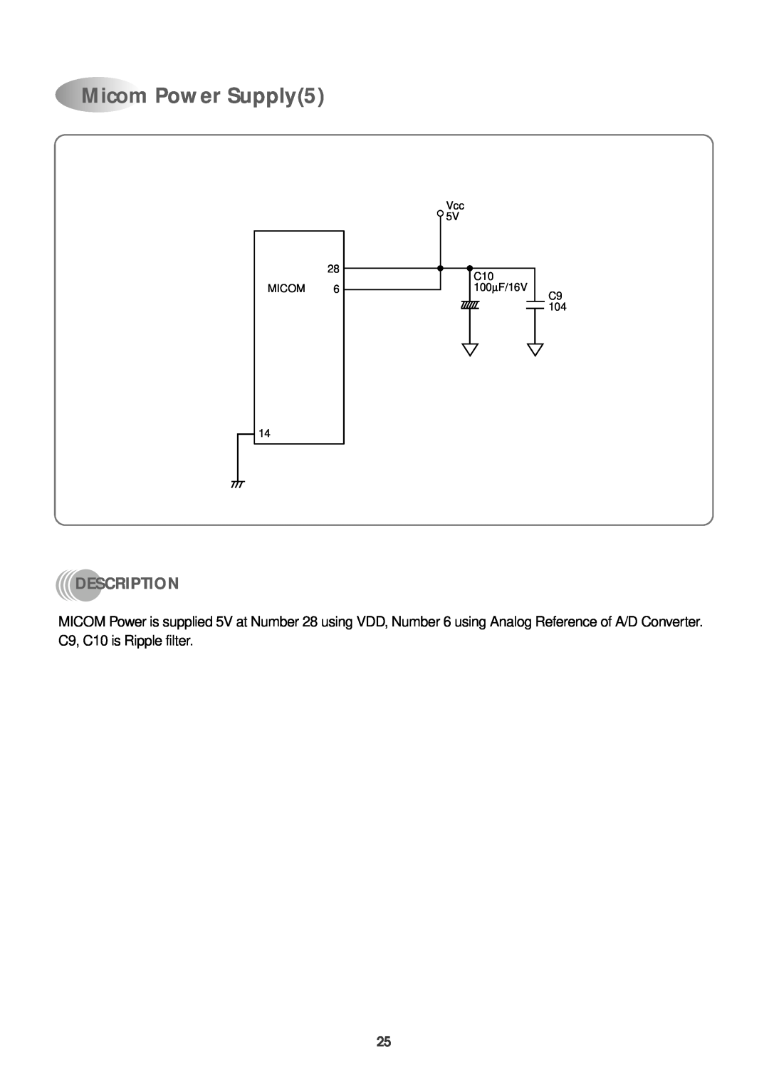 Daewoo DWC-121R service manual Micom Power Supply5, Description, Vcc 5V C10 100∝ F/16V C9 