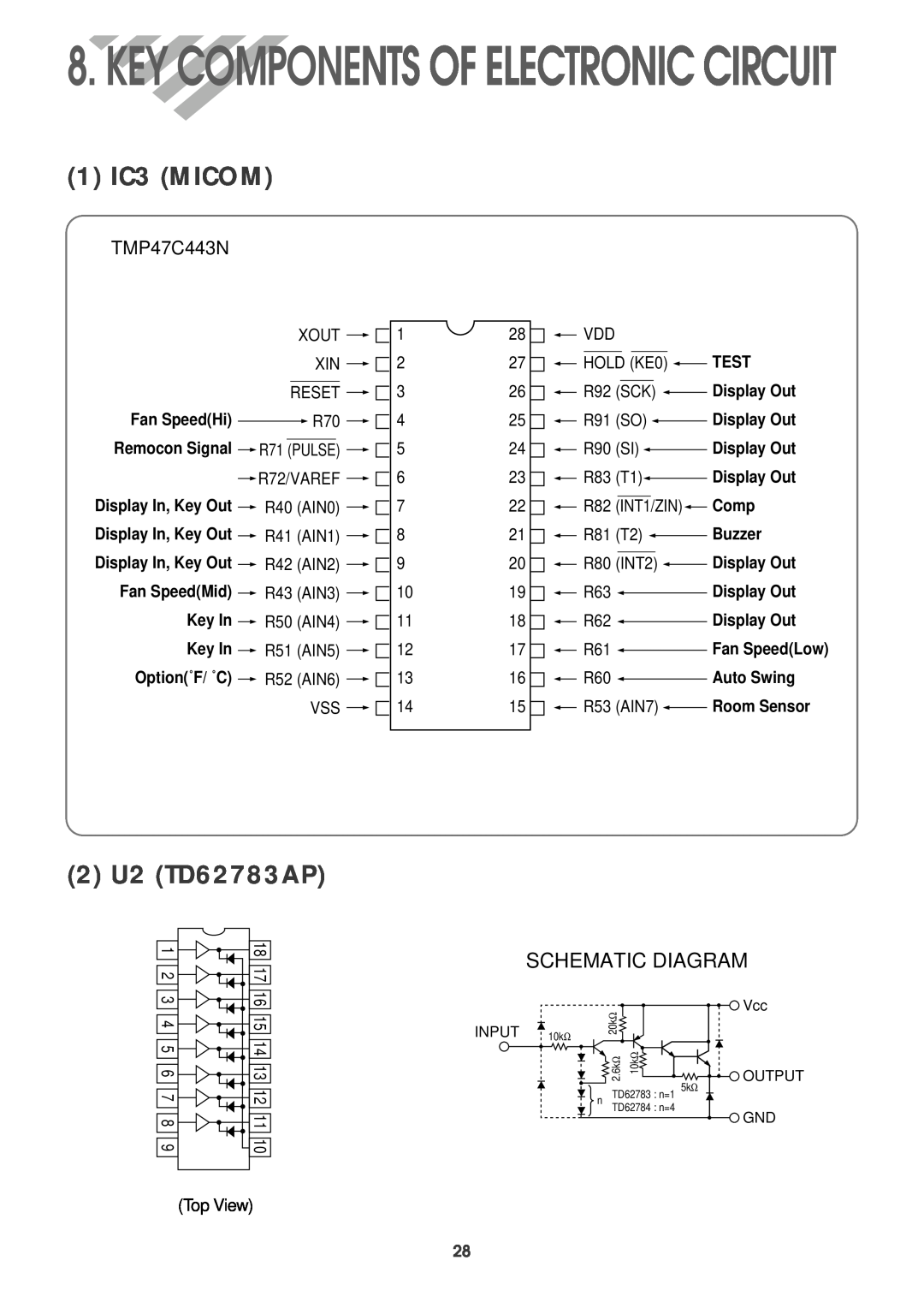 Daewoo DWC-121R 1IC3 MICOM, 2 U2 TD62783AP, Schematic Diagram, Key Components Of Electronic Circuit, TMP47C443N 