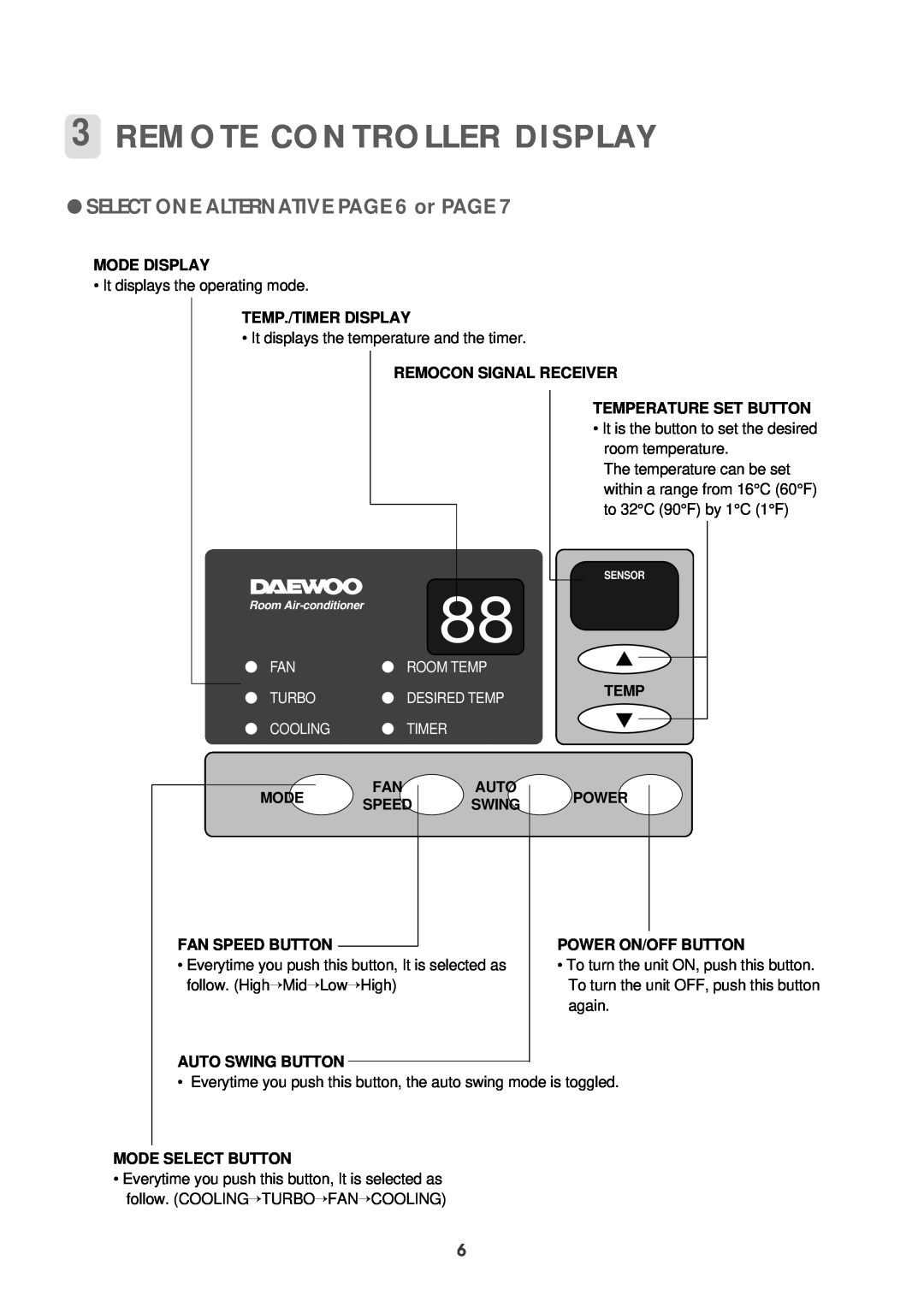 Daewoo DWC-121R 3REMOTE CONTROLLER DISPLAY, SELECT ONE ALTERNATIVE PAGE 6 or PAGE, Mode Display, Temp./Timer Display 