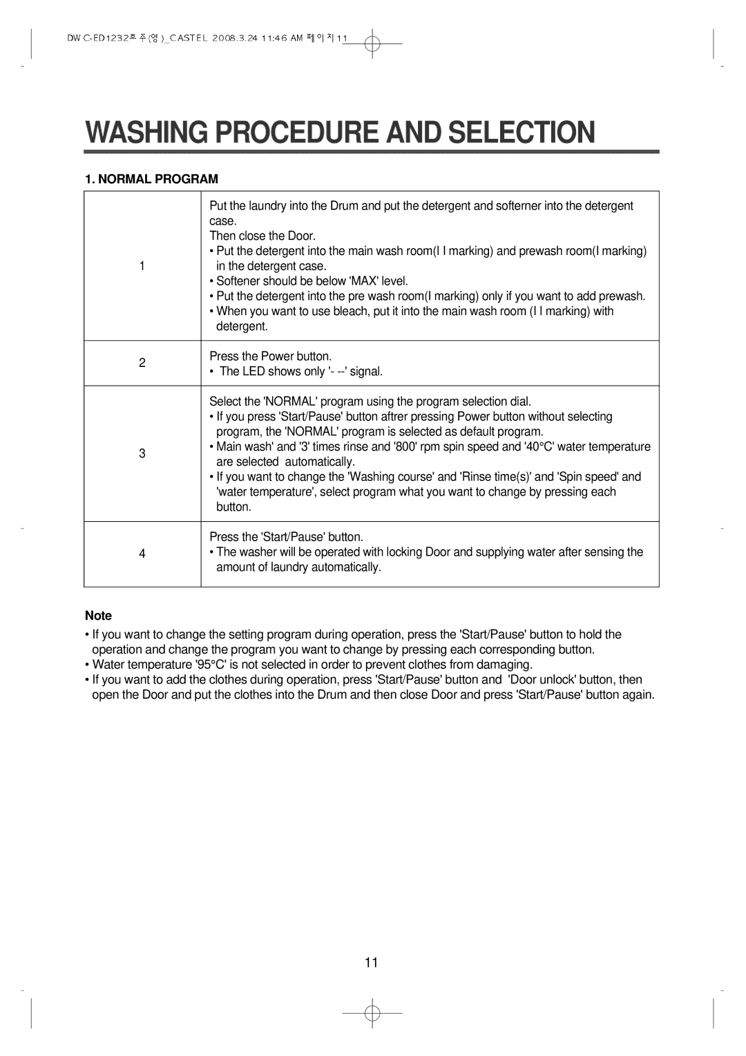 Daewoo DWC-ED1232 instruction manual Washing Procedure and Selection, Normal Program 