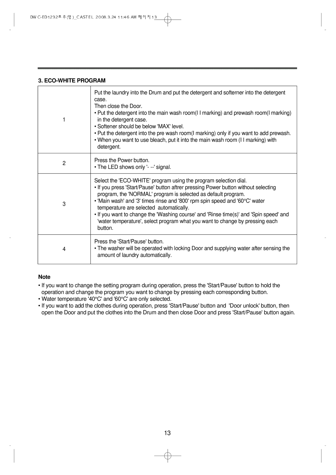 Daewoo DWC-ED1232 instruction manual ECO-WHITE Program 