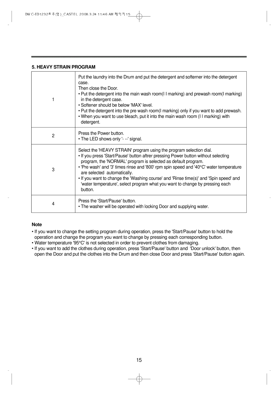 Daewoo DWC-ED1232 instruction manual Heavy Strain Program 