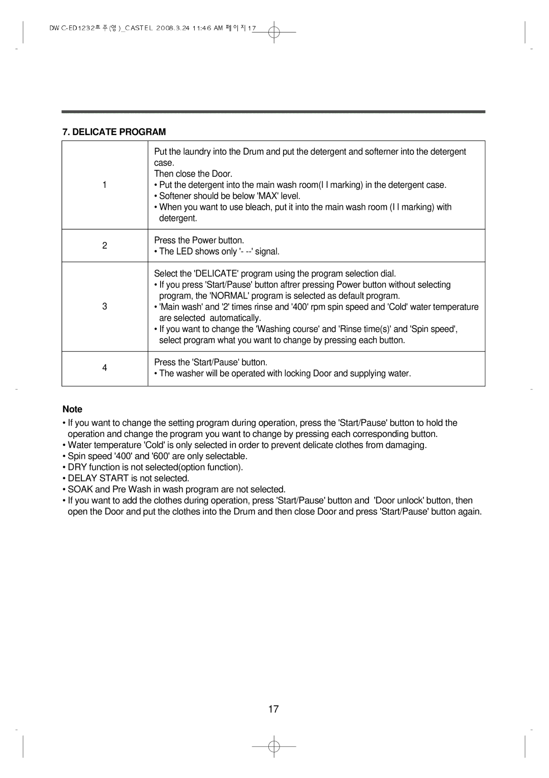 Daewoo DWC-ED1232 instruction manual Delicate Program 