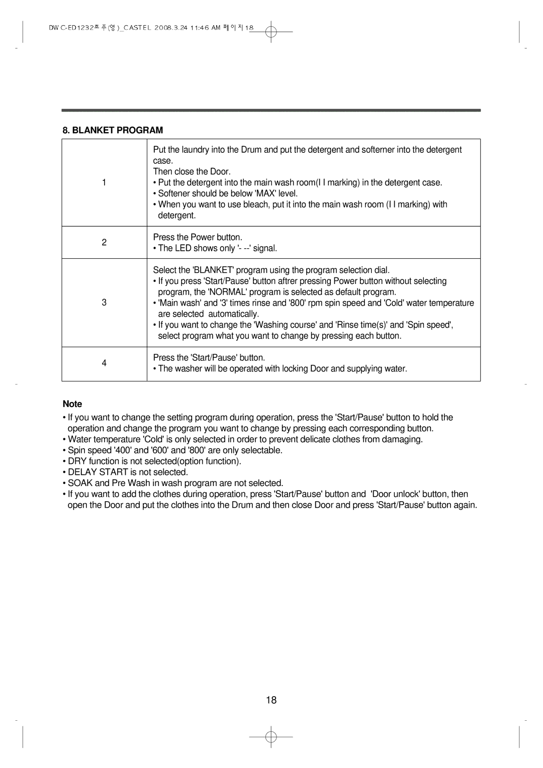 Daewoo DWC-ED1232 instruction manual Blanket Program 