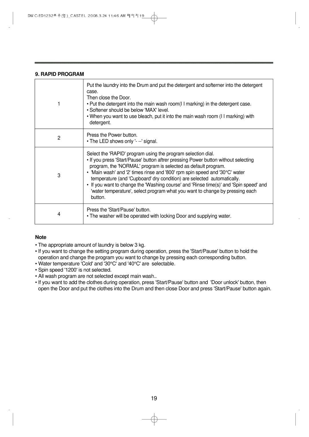 Daewoo DWC-ED1232 instruction manual Rapid Program 